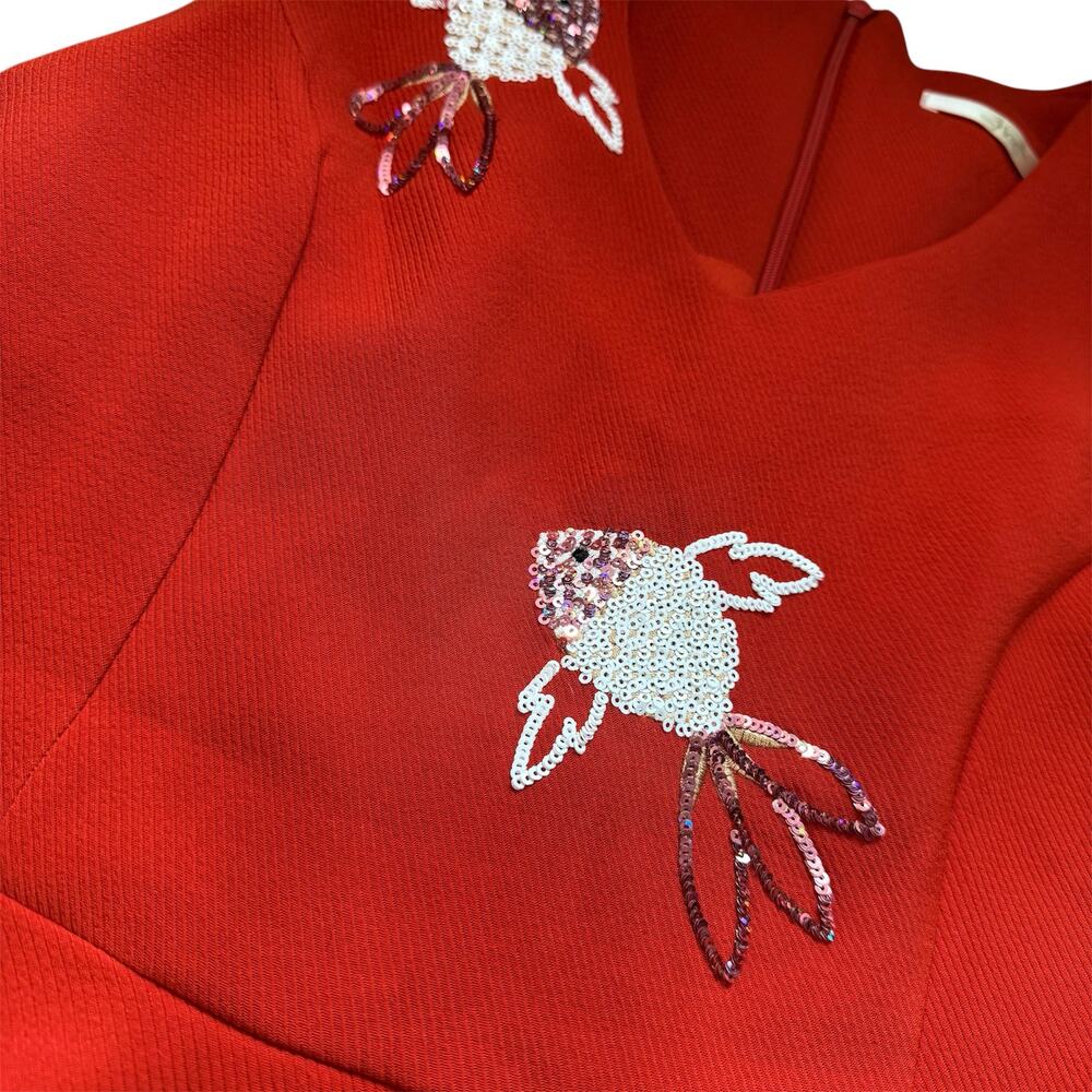 Red Dress Fish Embroidered Fit Flare Size Medium Sequin Japan Asian Daisy Knee - Picture 7 of 8